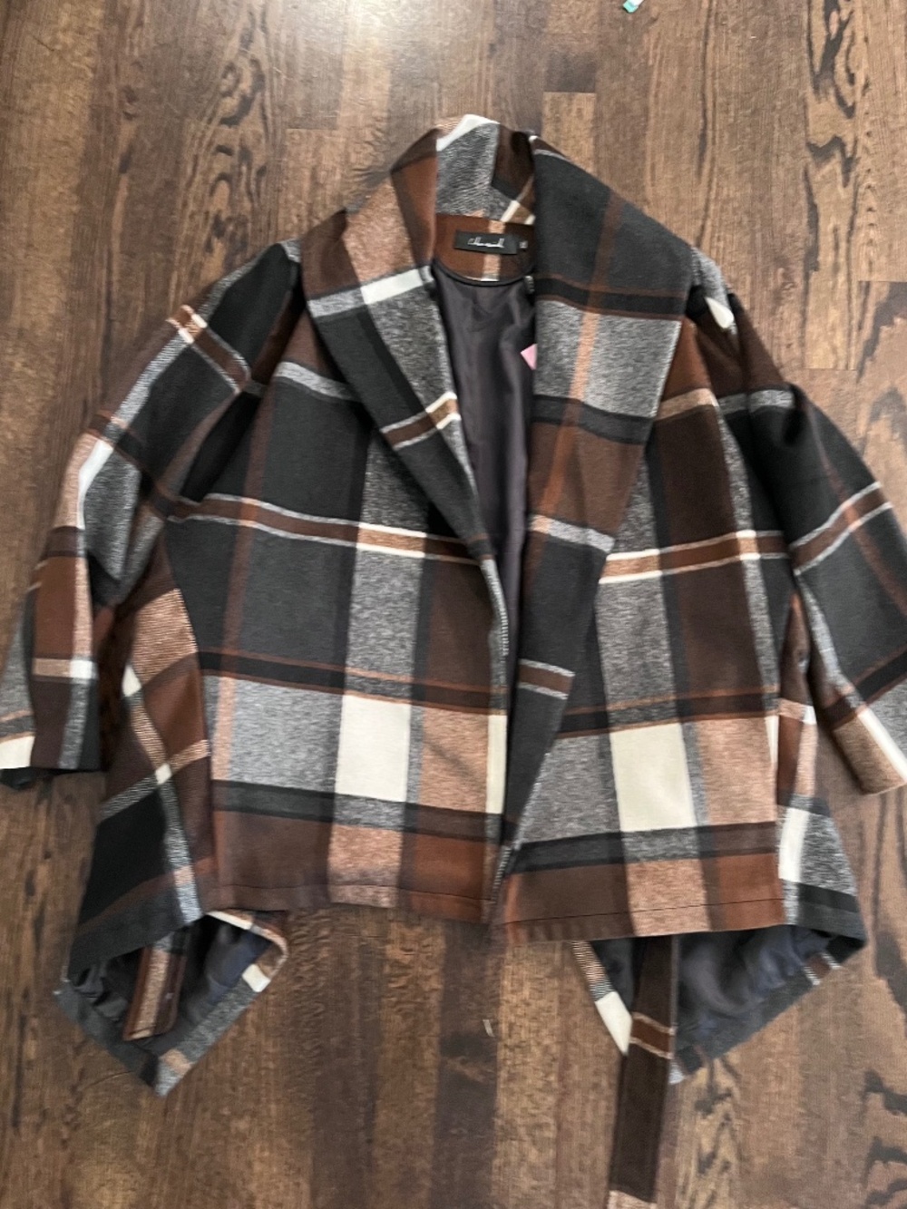 Chicwish Prairie Check Rabato Coat NWT Plaid Wrap Jacket Brown Gray XXL
